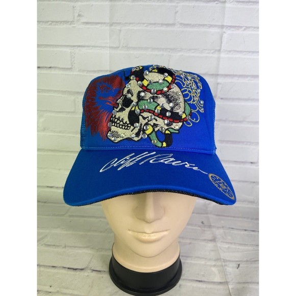 Cliff Raven Artwear Skull Ed Hardy Tattoo Embroidered Mesh Back Snapback Hat Cap - Picture 1 of 8